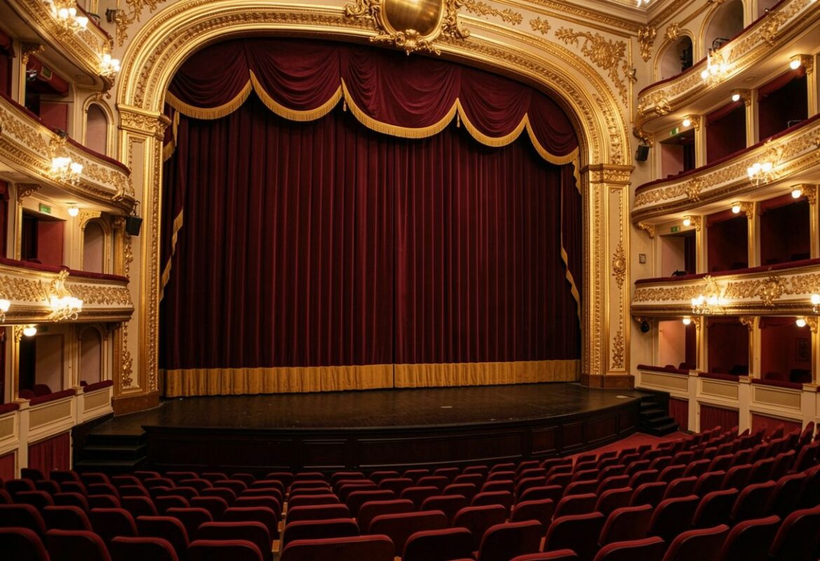 Grande auditório teatral com cortina de palco fechada, palco elevado, varanda e detalhes ornamentais dourados